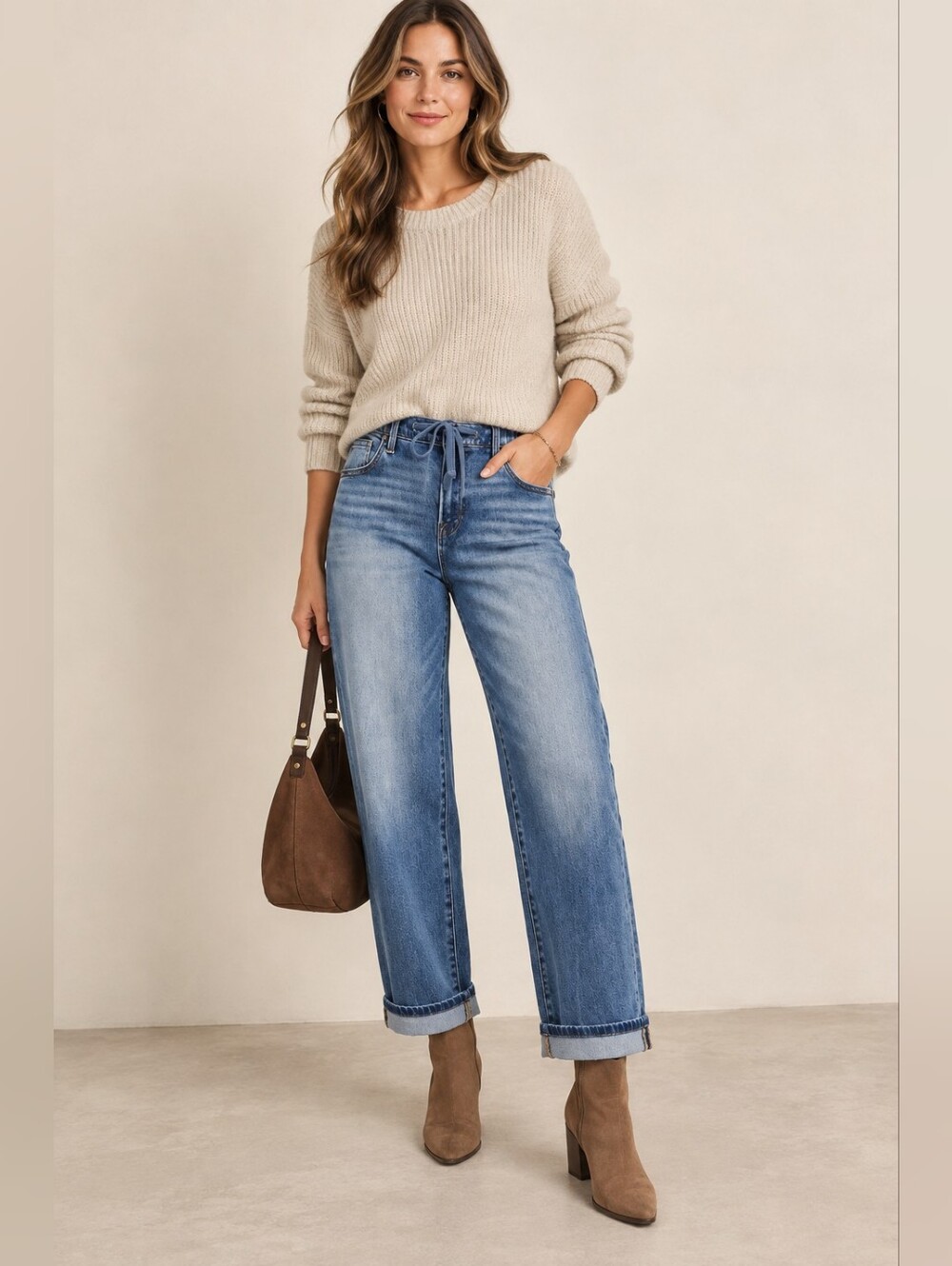 RISEN Women's Slouchy Boyfriend Jeans Cuffed HR Medium Tie Waist Various NEW